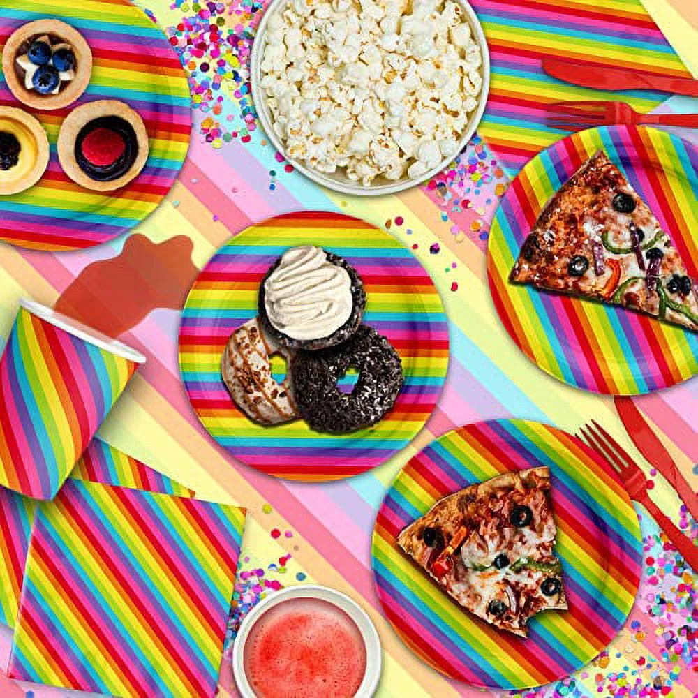 Rainbow Stripes Birthday Party Supplies Set Plates Napkins Cups Tableware Kit for 16