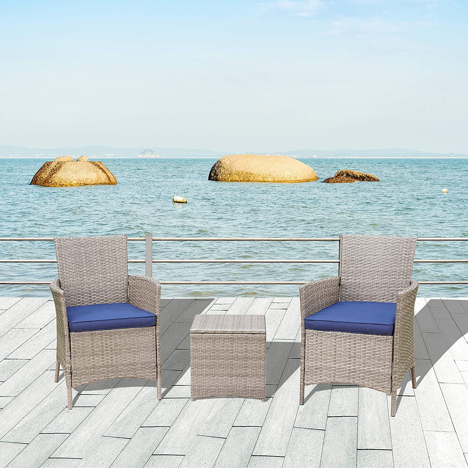 3 Pieces Patio Furniture Outdoor Wicker Conversation Bistro Chairs Set with Rattan Coffee Table, Blue Cushion