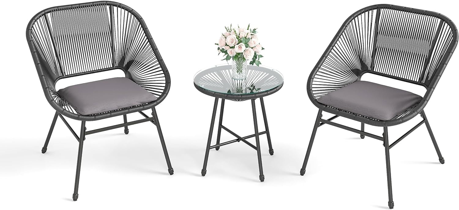 3 Pieces Wicker S Bistro Set, Outdoor Chairs with Tempered Glass Top Coffee Table for 2, Rattan Conversation Furniture Set for Backyard, Balcony, Porch