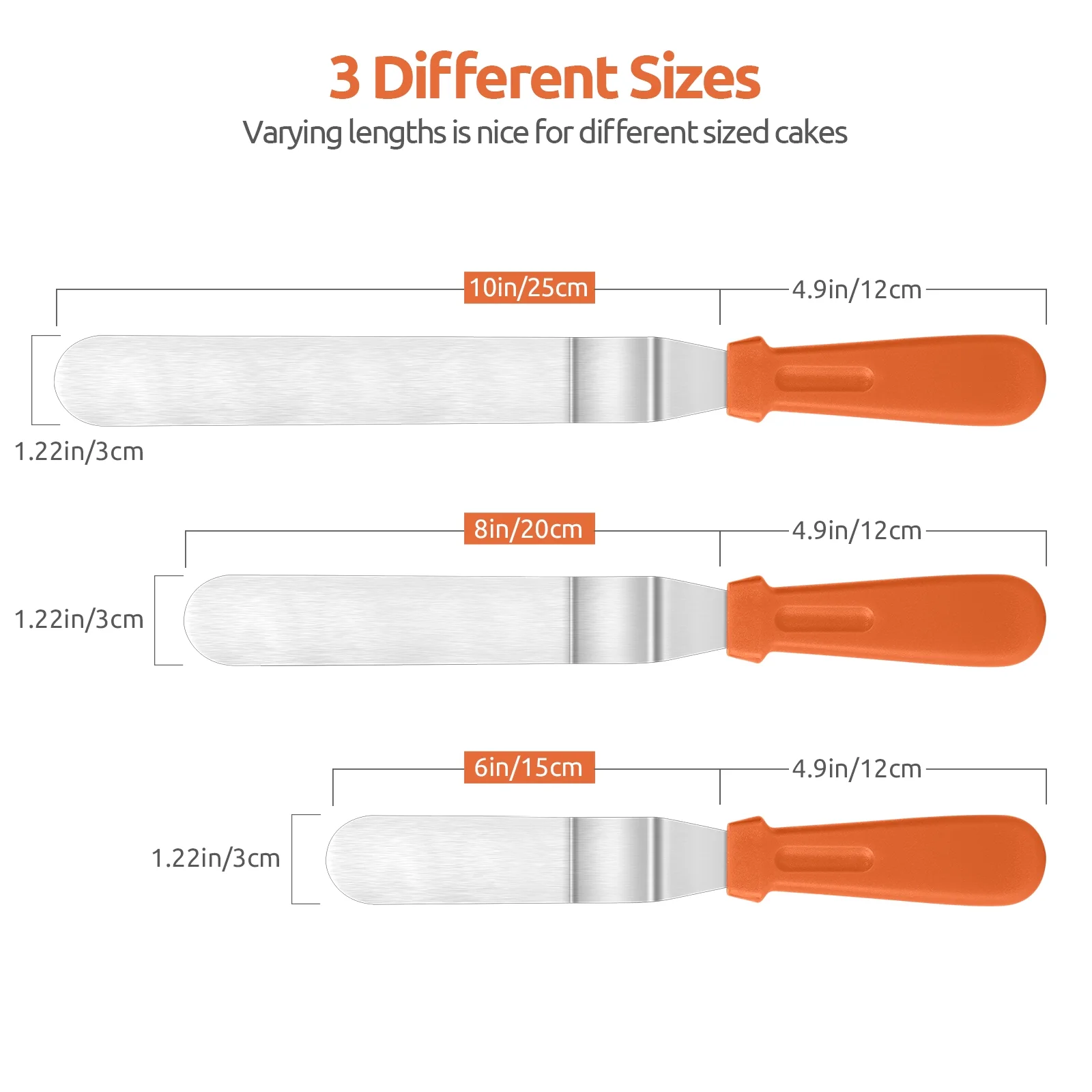 U-Taste Offset Spatulas Set of 3, 420 Stainless Steel Metal Angled Icing Spatula Spreader Smoother with 6/8/10 inches Length Blade and PP Plastic Handle for Cake Decorating Frosting Baking (Orange)
