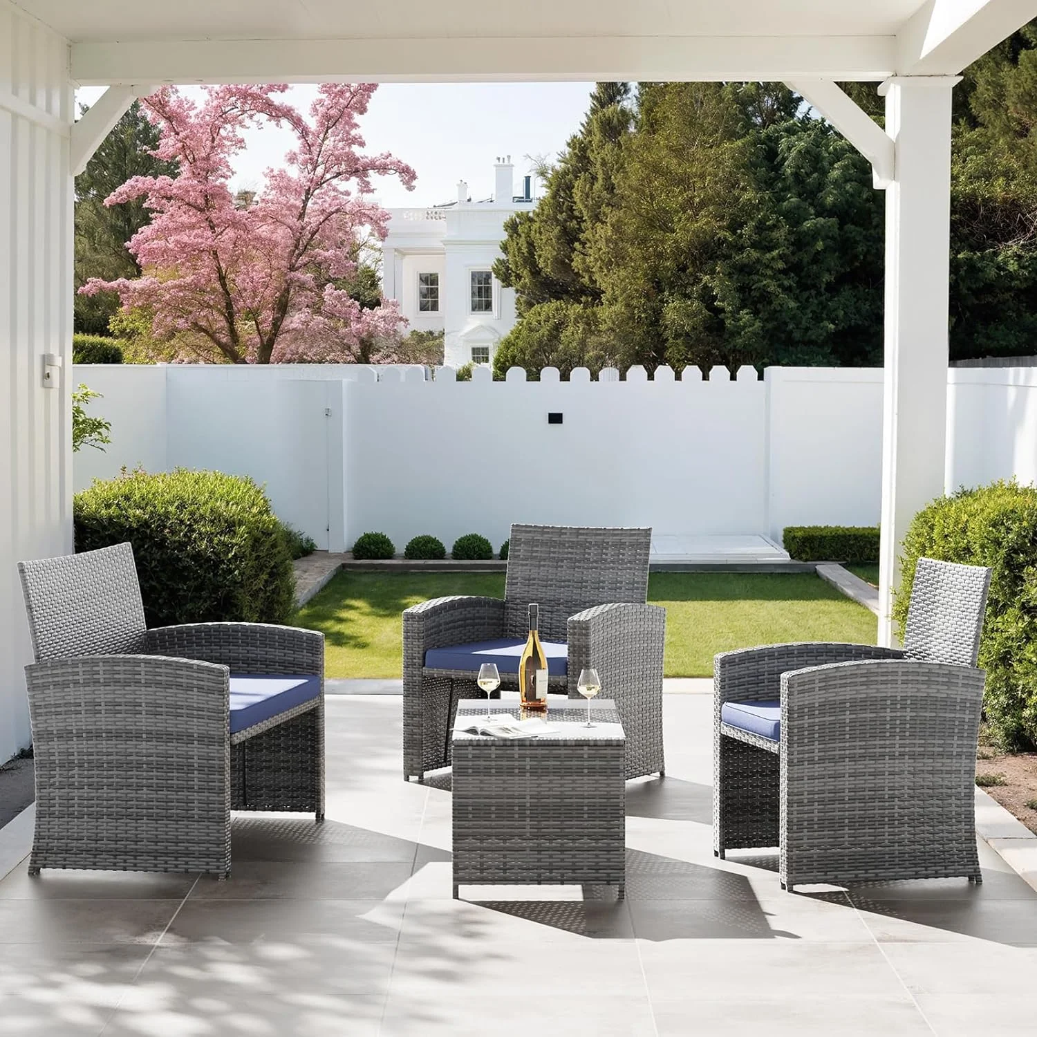 Dina 4 Pieces Patio Furniture Set  Outdoor Grey Rattan Wicker Conversation Sets Sectional Sofa with White Cushions for Balcony Porch Garden