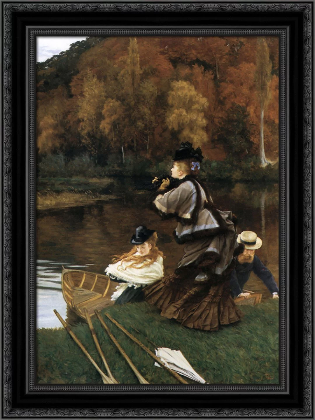 Autumn on the Thames 19x24 Black Ornate Wood Framed Canvas Art by Tissot, James Jacques Joseph