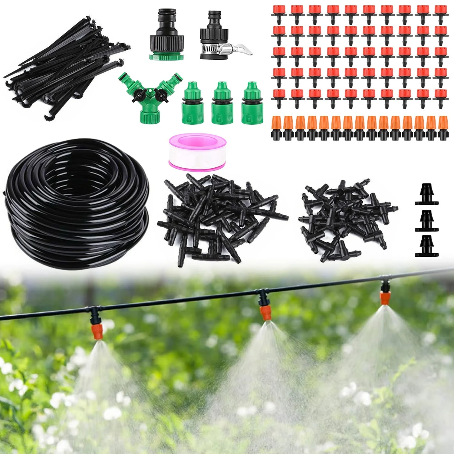 iMounTEK Drip Irrigation Kit Garden Watering System with 1/4 inch 1/2 inch Blank Distribution Tubing Hose Patio Misting Nozzle Emitters Sprinkler for Patio Lawn Garden Greenhouse