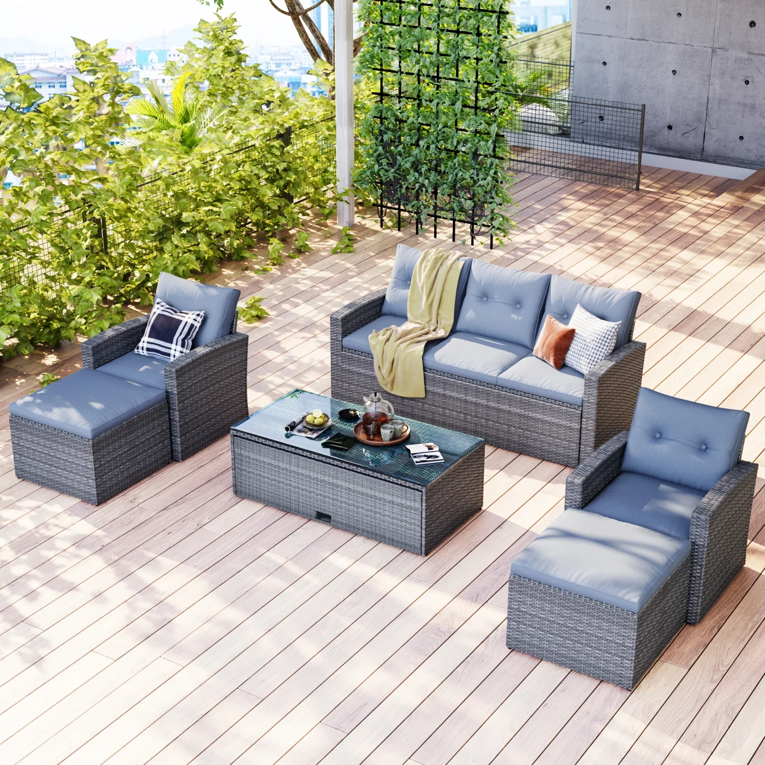 Elegant All-Weather 6-piece Dark Grey Wicker Patio Outdoor Dining Conversation Sectional Set - Luxuriously Comfortable Light Grey Cushions - Complete with Coffee Table  Wicker Sofas  Otto
