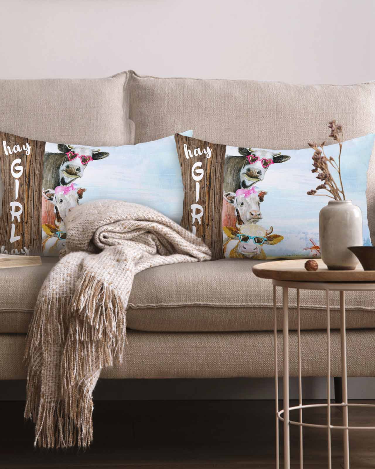 Funny Cow Farmhouse 12x20 Pillow Covers Set of 2, Hay Girl Hay Cattle Decorations Outdoor Throw Pillow Covers, Cotton Linen Square Pillowcases for Patio Sofa Couch Bedroom Decorative