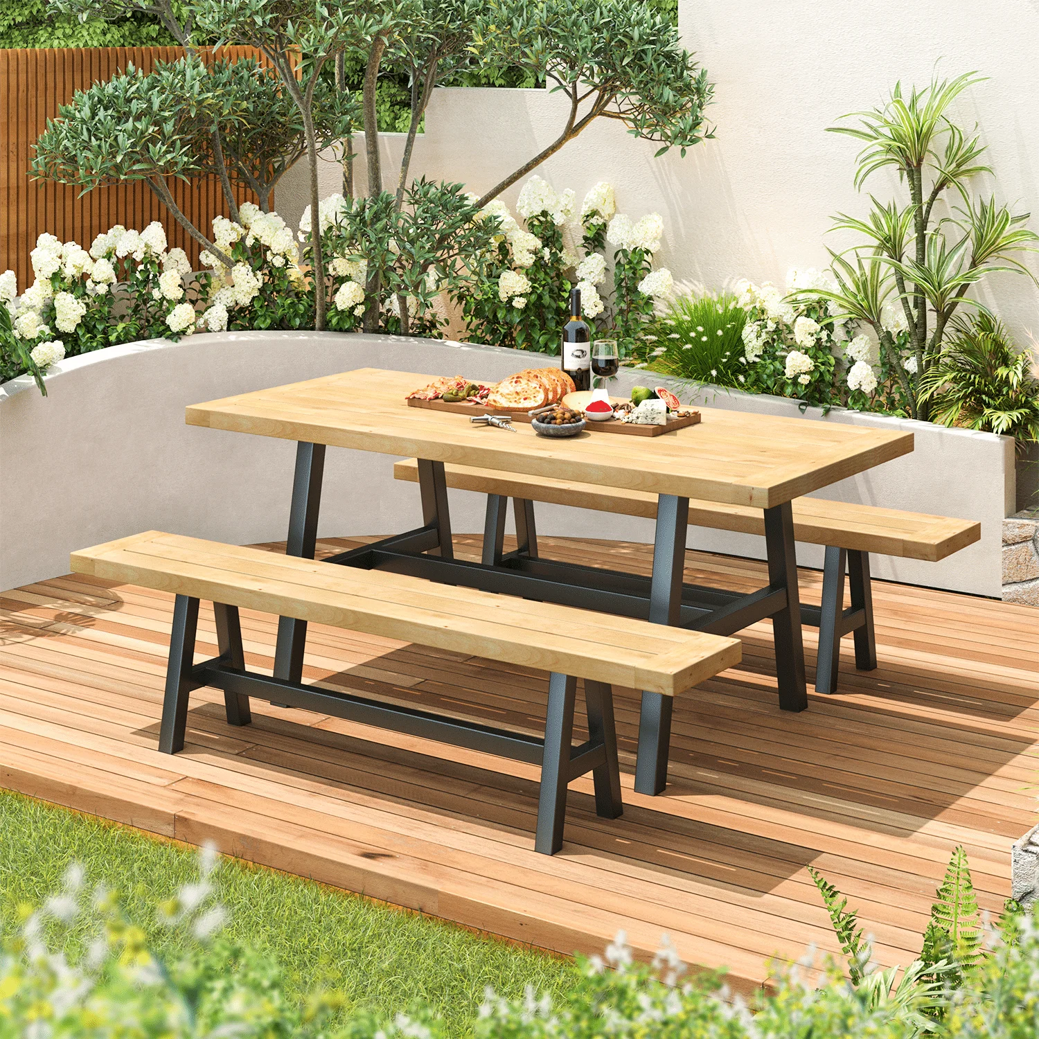 Richryce 3-Piece Acacia Wood Outdoor Dining Set, Outdoor Dining Set, with 1 Rectangular Table and 2 Benches