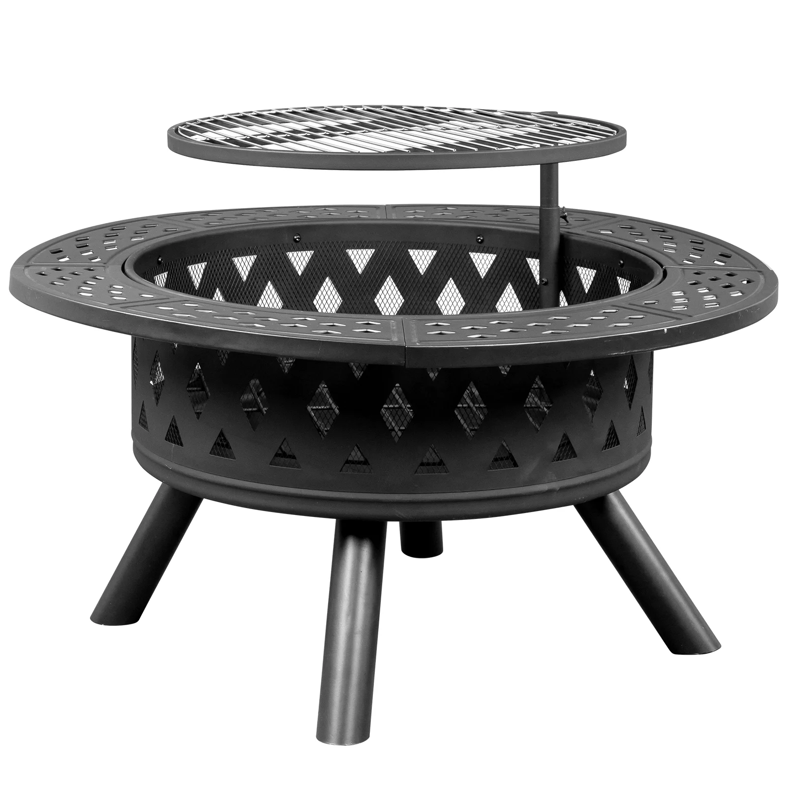38 Black Metal Fire Pit with Cooking Grates - Outdoor BBQ Grill and Patio Heater