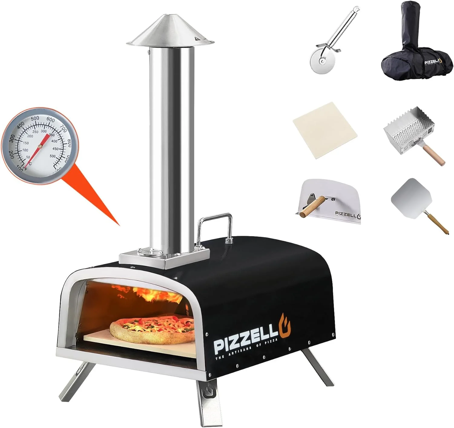 Portable Pellet Pizza Oven Outdoor Wood Fired Pizza Ovens Included Pizza Stone, Pizza Peel, Fold-up Legs, Cover,  Forte (Black)
