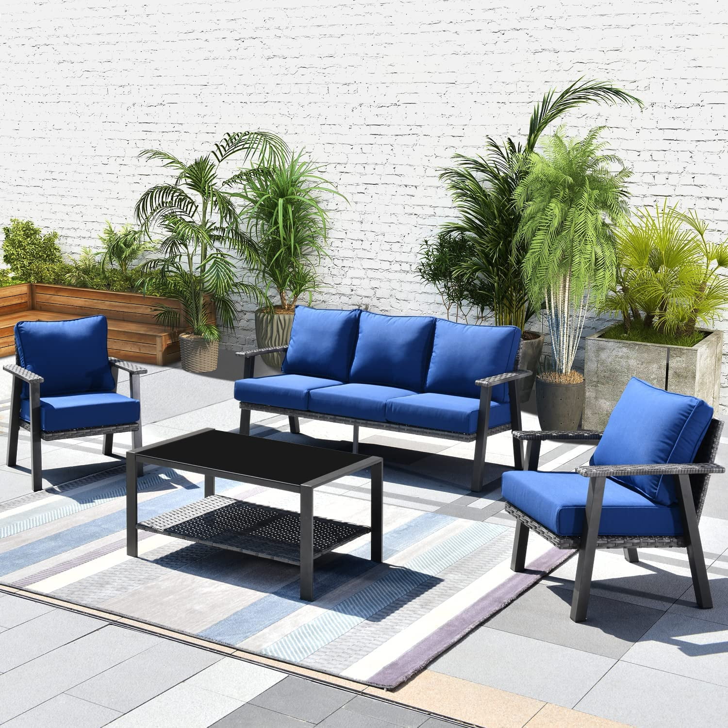 HOOOWOOO Outdoor Patio  Set with Fire Pit Table 6 Pcs Steel Frame Wicker Patio Conversation Sets with Patio Sofa Chairs and Ottoman Gray
