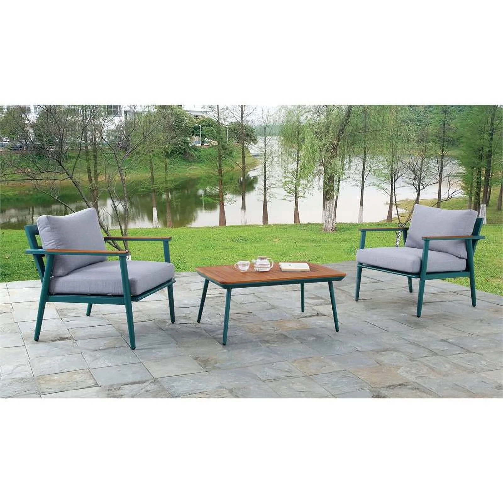 Furniture of America Hanz Contemporary Aluminum 3-Piece Patio Table Set in Green