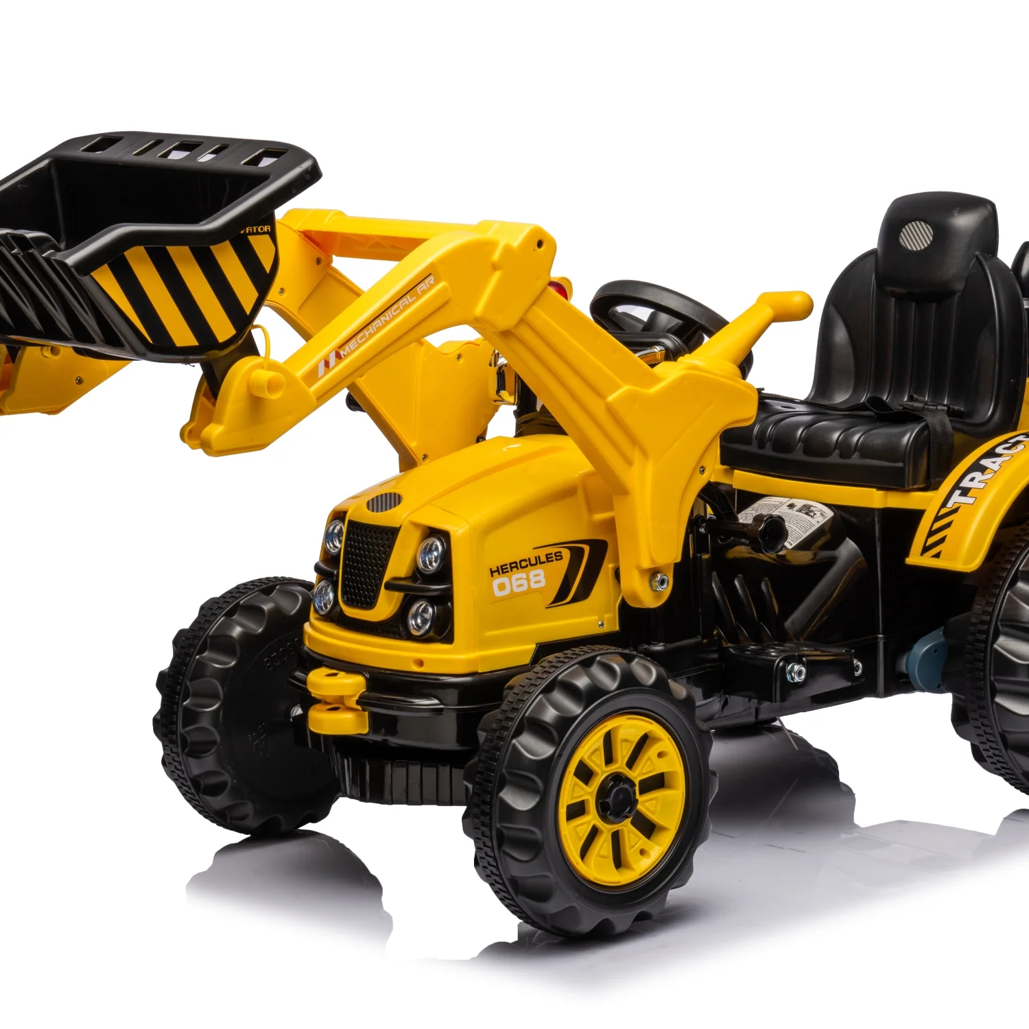 Yellow Ride on Excavator with Safety Belt  Digger for Kids  Front Loader features Horn. 12V Battery Powered Construction Vehicle with 2 Speeds  Forward/Backward movement. Treaded Wheels m