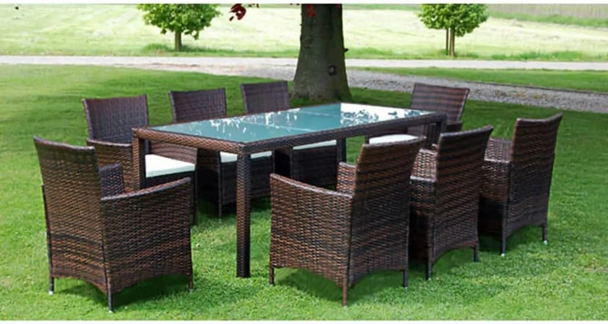 9 Piece Patio Dining Set with Cushions  Outdoor Garden Patio Furniture Dining Table Set with 1 Table with a Glass Top  8 Rattan Chairs for Patio  Deck  Balcony  Brown