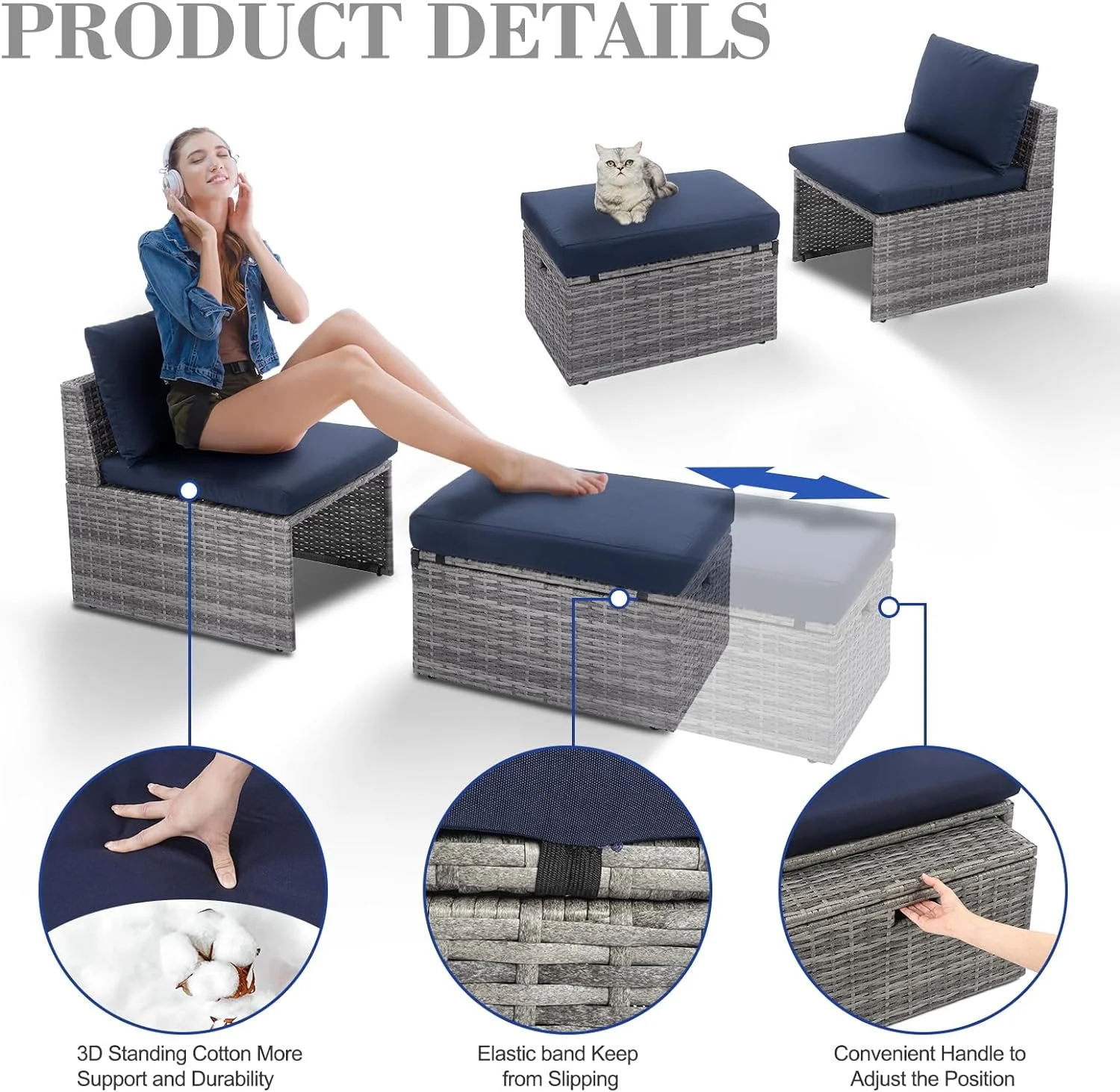 DALEI w Backyard Expressions 2 Pc. Outdoor Conversation Chair Set with Storage and Ottoman, 250lb Weight Capacity, Navy Blue/Grey Wicker