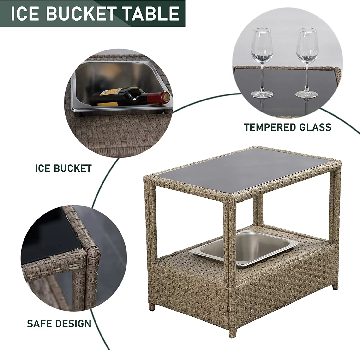 FURNITURE ONE 3 PCS Patio Rattan Furniture Bistro Set Cushioned Sofa Chair Glass Table with Ice Bucket Garden Armchair Set