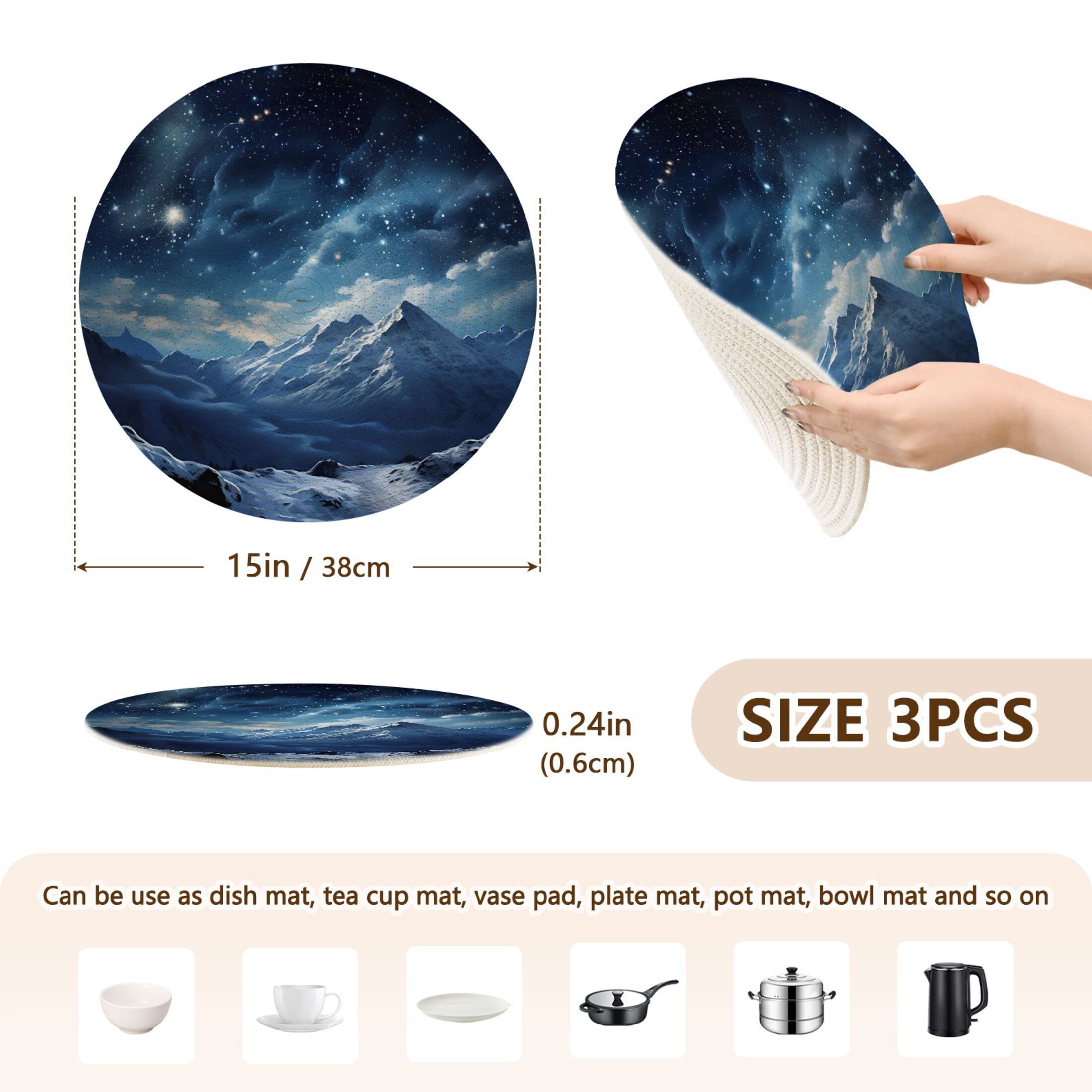 Snow Mountain and Stars 3 Pcs Pot Holders Trivets Set Woven Heat-Resistant Kitchen Round Mats Large Hot Pads for Cooking Baking Counter Table
