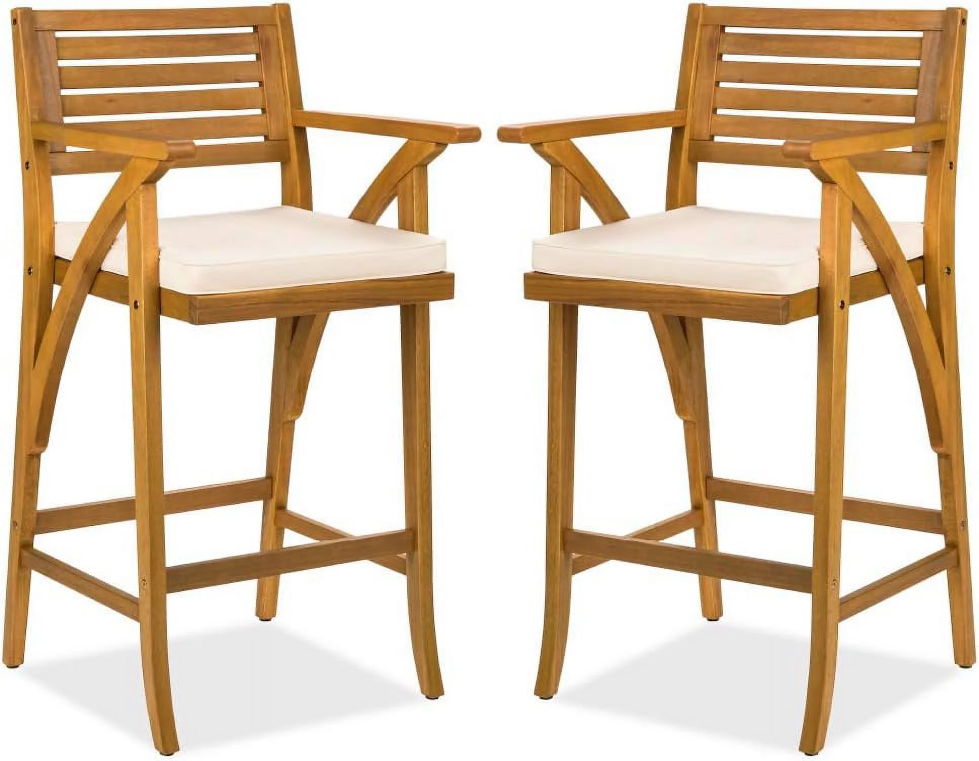 Set of 2 Outdoor Acacia Wood Bar Stools Bar Chairs for Patio, Pool, Garden w/Weather-Resistant Cushions - Teak Finish