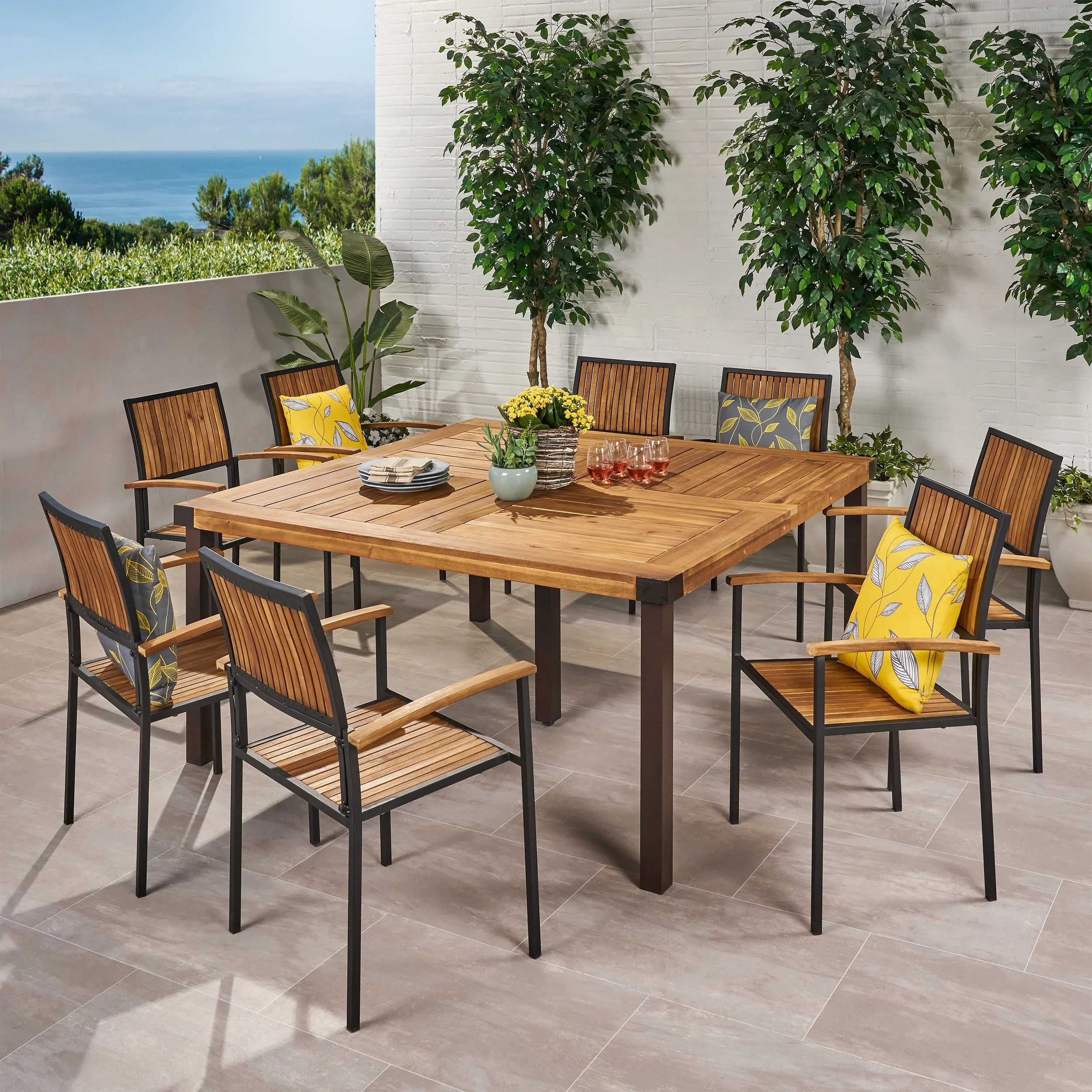 Drake Outdoor 8 Seater Acacia Wood Dining Set, Teak, Black
