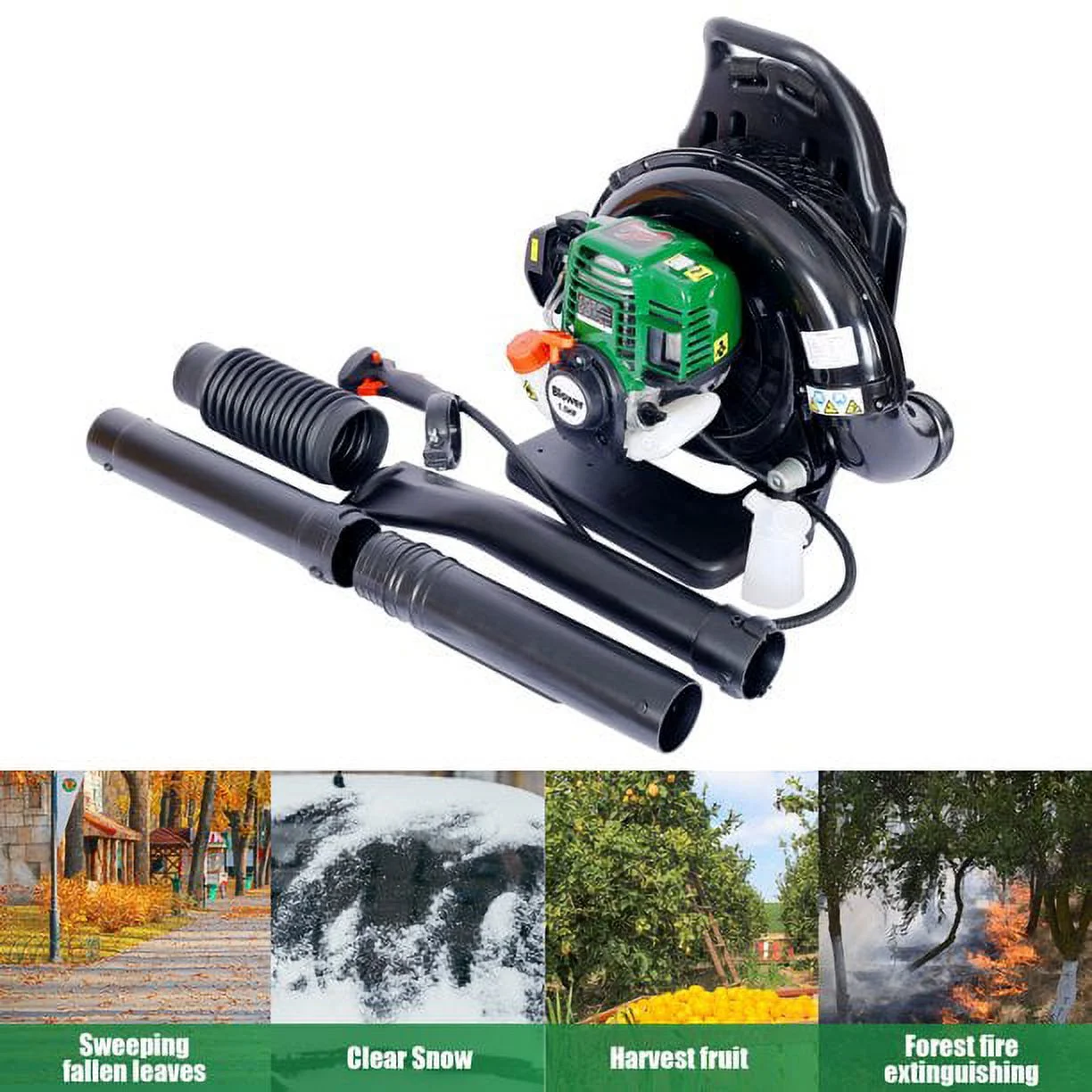 37.7CC 4 Stroke Leaf Blower Backpack with Extention Tube for Snow Blowing and Cleaning, Green (1.5HP 580CFM)