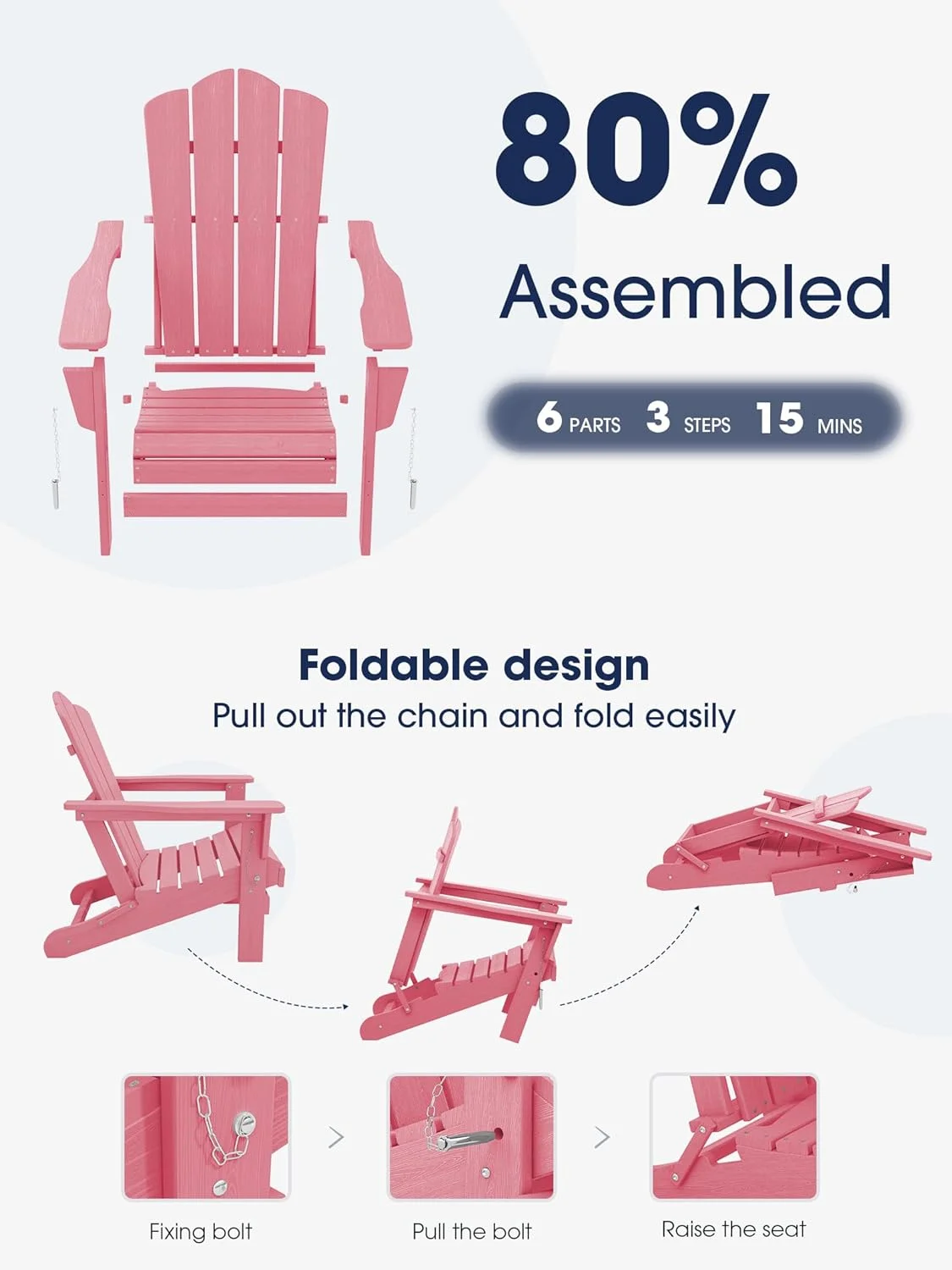 KINGYES Folding Adirondack Chair Set of 2, HDPE All-Weather Folding Adirondack Chair, Light Pink