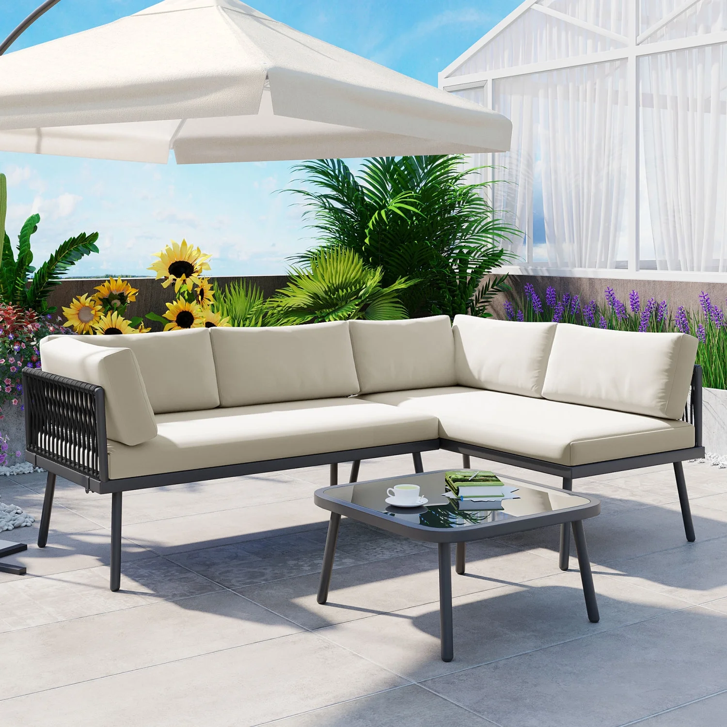 Black  Modern and Weather-Resistant 3-Piece PE Rattan Sofa Set for Outdoor Patio with Metal Sectional Furniture Set Including Cushions and Glass Table - Perfect for Backyard  Poolside  Ga