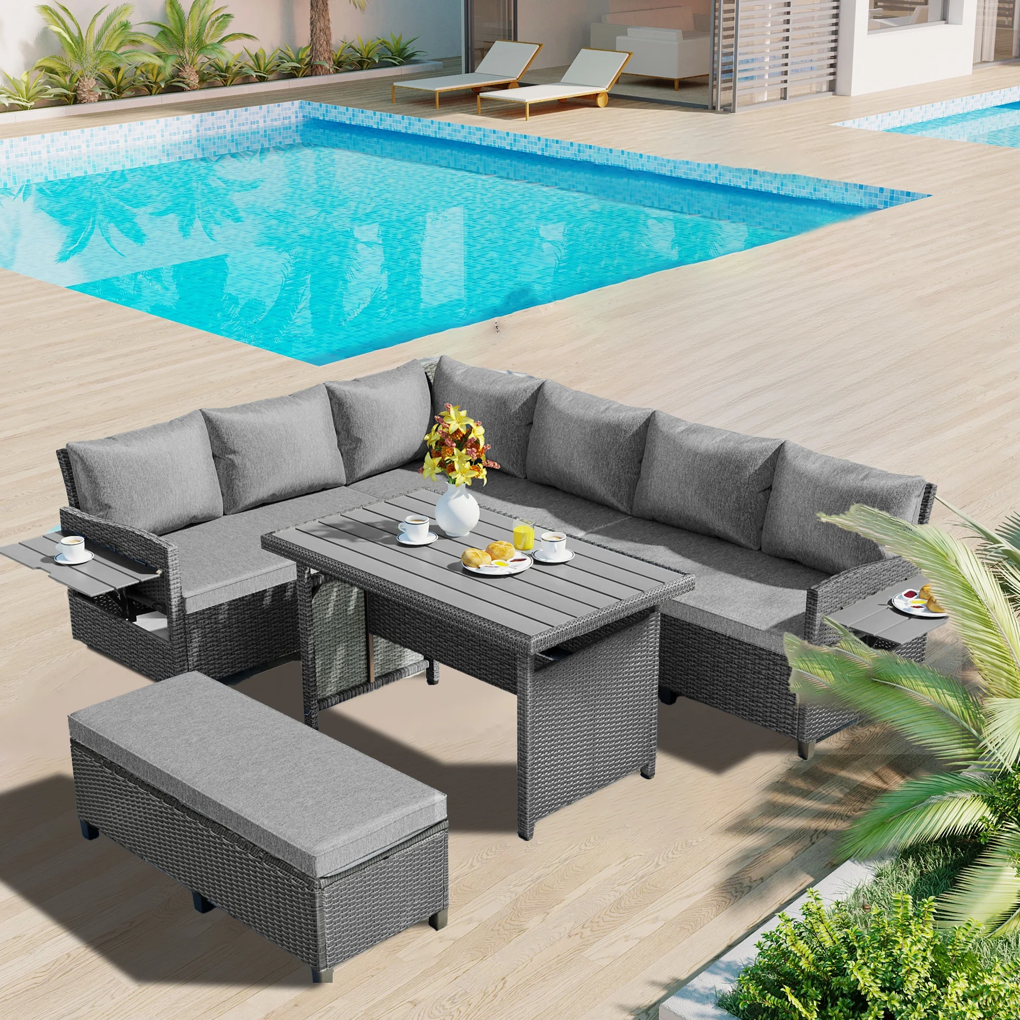 5-Piece Gray Rattan Patio Sofa Set with Extendable Side Tables and Dining Table for Backyard, Poolside, or Indoor Use