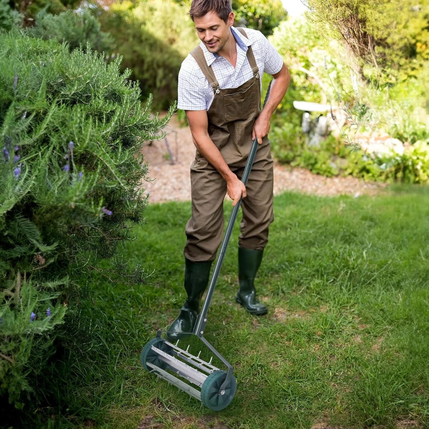 Lawn Aerator, 17inch Heavy Duty Rolling Aerator with Sharp Spikes & Anti-Slip Handle, Push Grass Lawn Aerator for Lawn, Garden, Yard, Manual Aerator Tool (Basic)