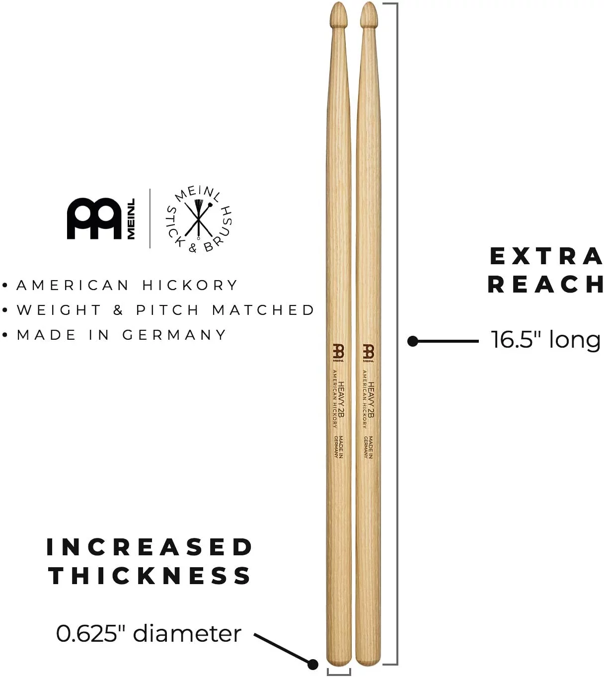 Meinl Stick and Brush Heavy 2B Hickory Wood Tip Drumsticks