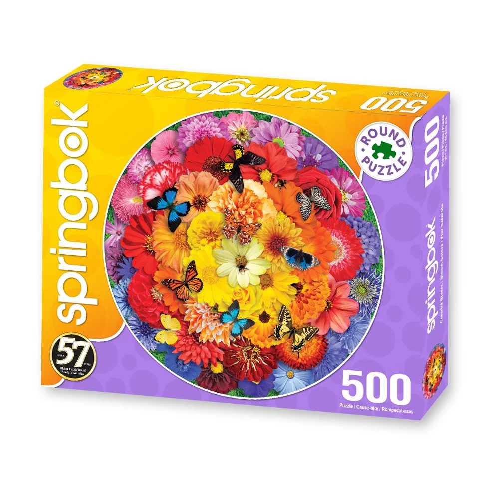 Springbok Colorful Flowers Bloom - 500 Piece Circle Jigsaw Puzzle for Adults - Unique Cut Pieces