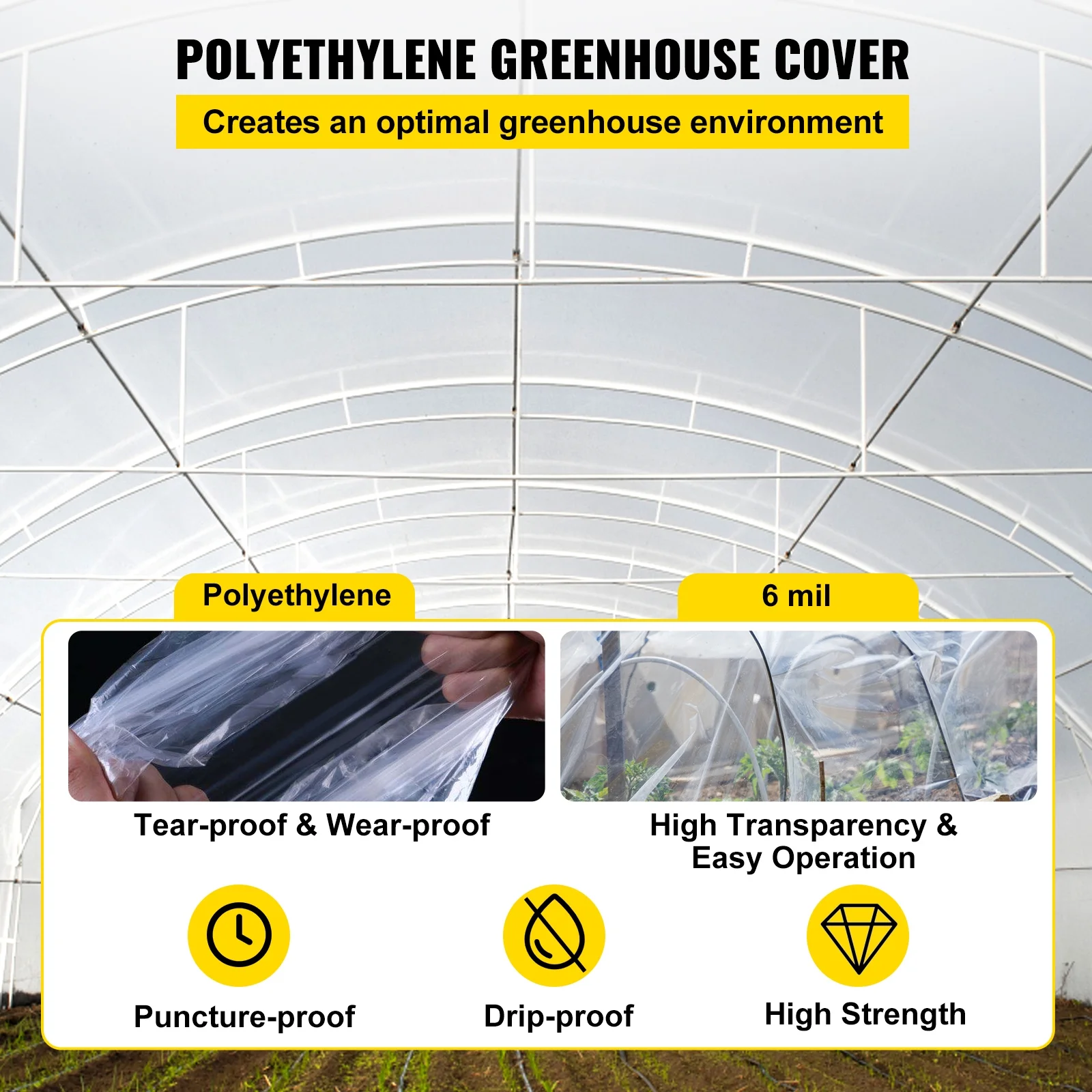 SKYSHALO Greenhouse Film, 10' x 100' Greenhouse Plastic Film, 6 Mil Thick Awning Greenhouse, 4 Years Clear Polyethylene Covering, UV Protection Farm Gardening Plastic Supply