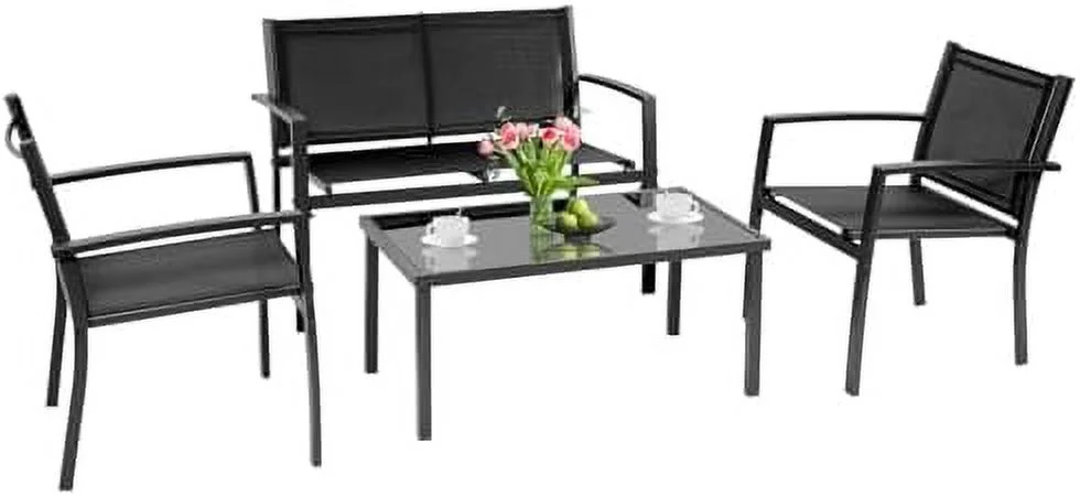 SJOIKLM Patio  Set 4 Pieces Conversation Set Outdoor PE Rattan Chair with Cushion Tempered Glass Table Garden Balcony Sets for Yard Pool Backyard Black/Beige