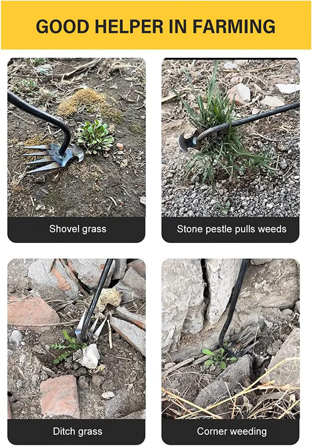 MAVLLY Weeding Artifact Uprooting Weeding Tool, Garden Weeding Tools, Manganese Steel Forged Weed Puller 4 Teeth Dual Purpose Weeder, High Strength Hand Remover Tool for Garden (12 Inch Wooden Handle)