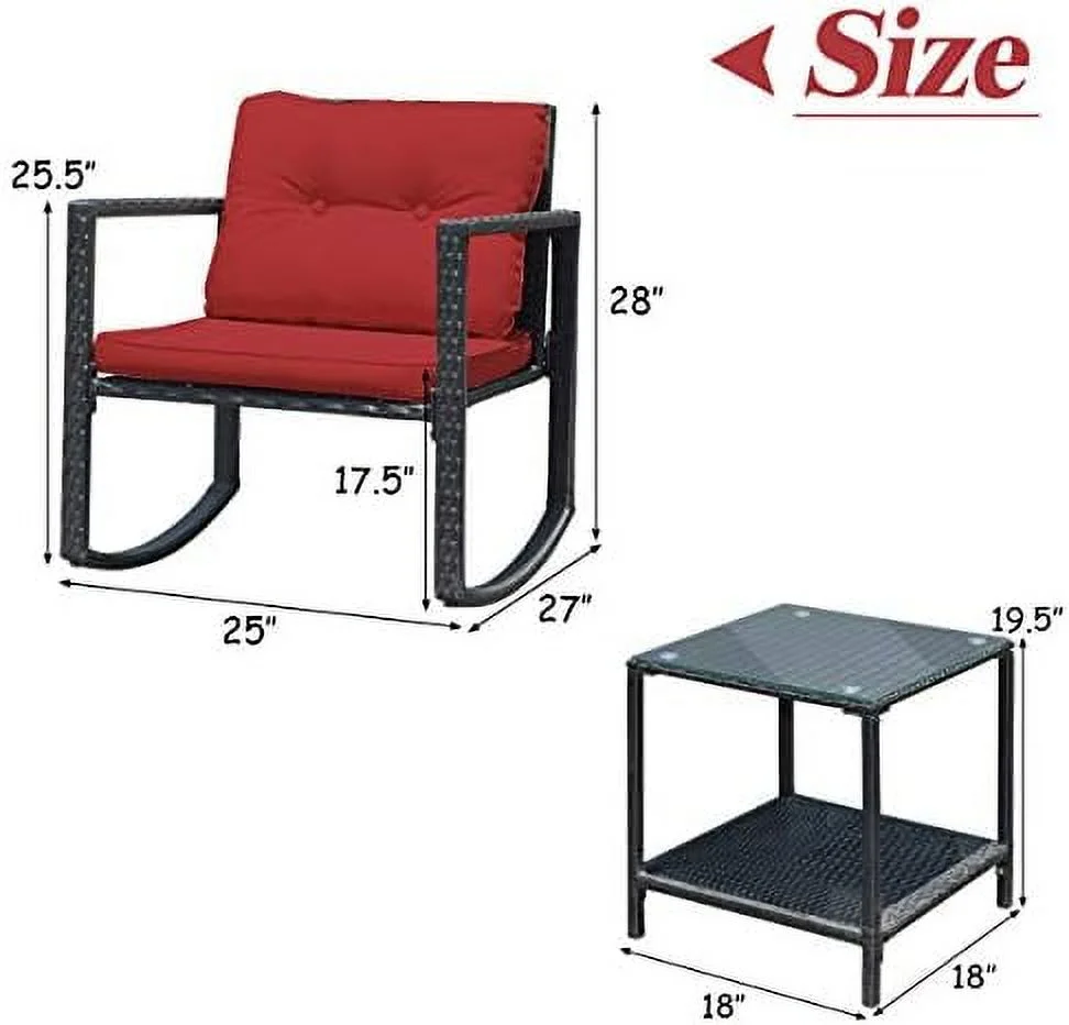 CGFHYP 3 Pieces Patio Wicker Rocking Set  Outdoor Rocking Chairs and Table Set with Cushions  Glass Coffee Table with    Suitable for Patio  Garden  Poolside  Balcony (Beige)