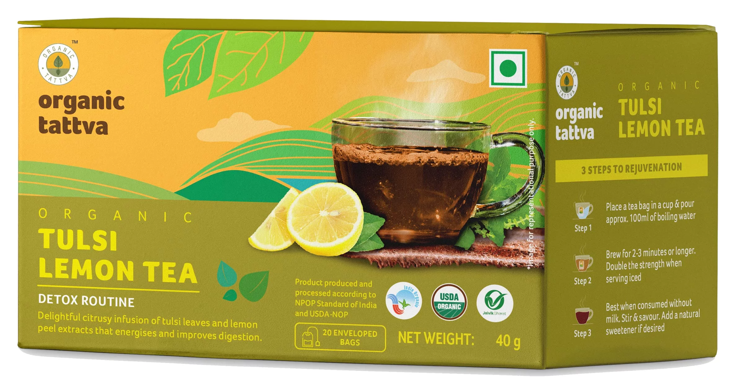 Organic Tattva, Organic Tulsi Lemon Tea- 20 Tea Bags | With Benefits Of Tulsi And Green Tea | All Natural Flavour, Zero Calories - Boosts Metabolism &