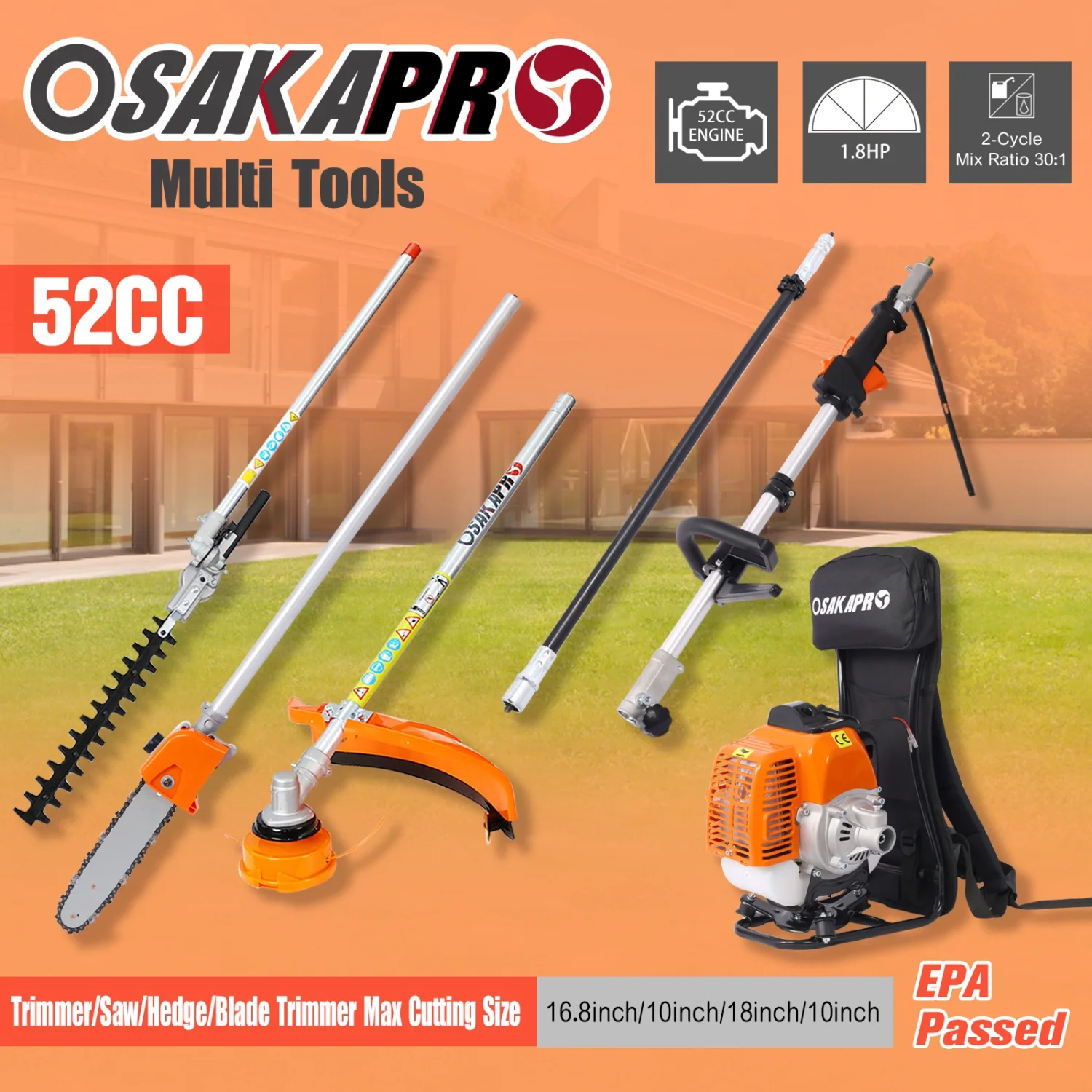 Powerful 52CC 2-Cycle Engine 4 in 1 Backpack Multi-Functional Gas Trimming Tool System - Includes Hedge Trimmer  Pole Saw  Brush Cutter  and Grass Trimmer - Versatile and EPA Compliant fo