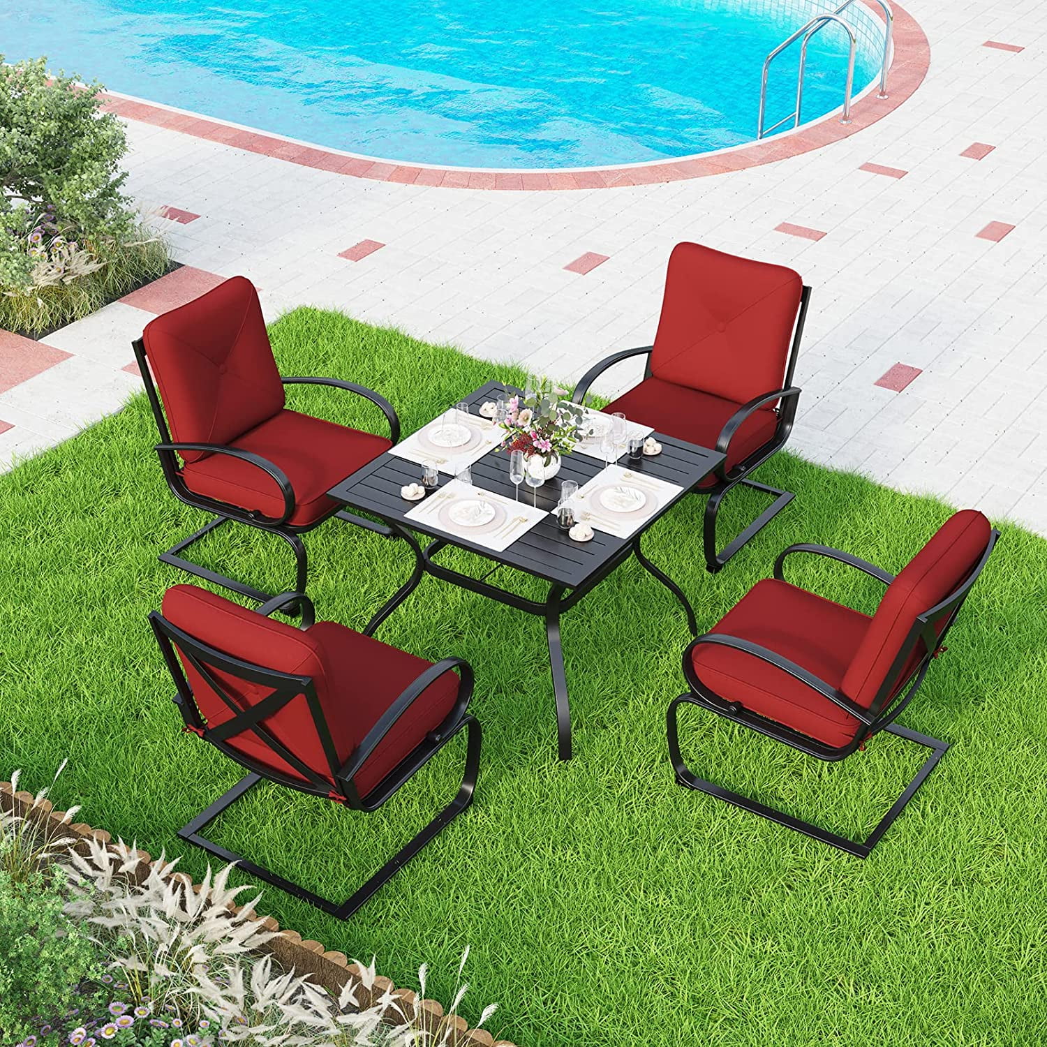 7 Piece Outdoor Patio Dining Set 6 Spring Motion Cushion Chairs  1 Rectangular Table with 1.57" Umbrella Hole Furniture Sets for Lawn Backyard Garden