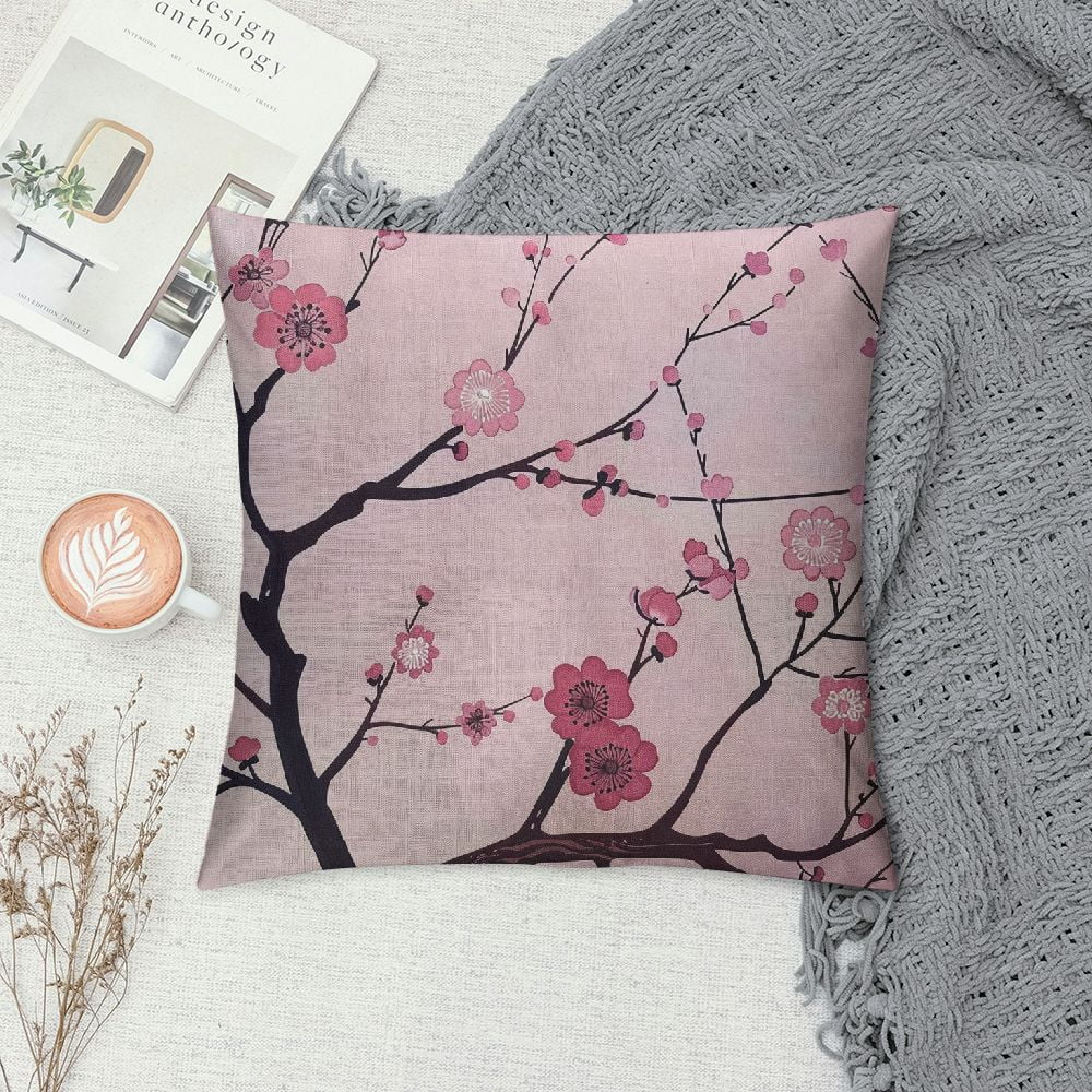 Spring Pillow Decorative Throw Pillow Cover 18x18 Inch, Pink Chinese Cherry Blossom Flower Japan Plum Branch Double Sided Square Pillow Cases Pillowcase Sofa Cushion