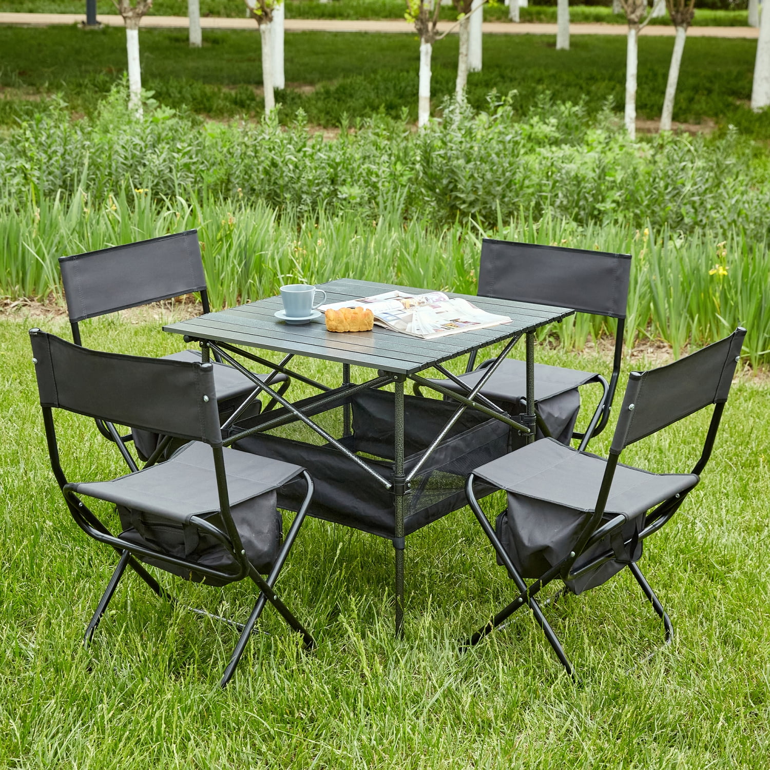 Set of 5 Folding Outdoor Table and Chairs Set for Indoor Outdoor Camping Picnics Beach Backyard BBQ Party Patio Black/Gray