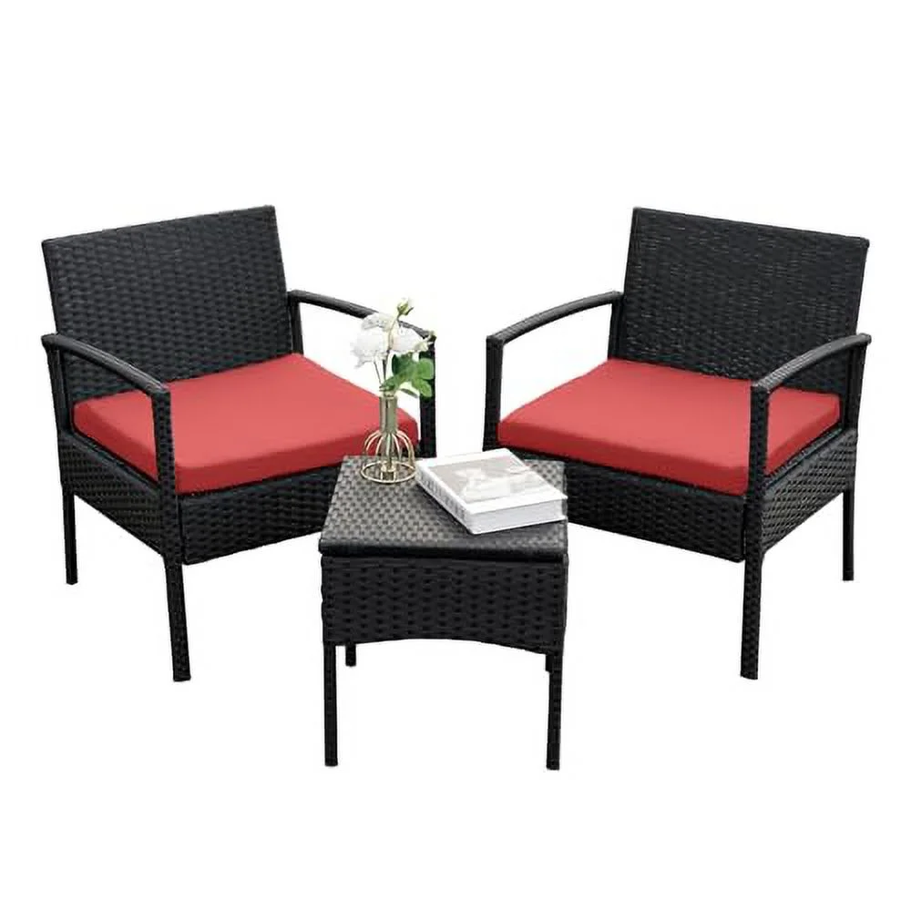 Patio Furniture 3 Piece Outdoor Wicker Conversation Bistro Set, PE Rattan Patio Chairs Set with Side Table, Balcony Furniture Outoor Furniture Set for Garden Porch Yard, Red