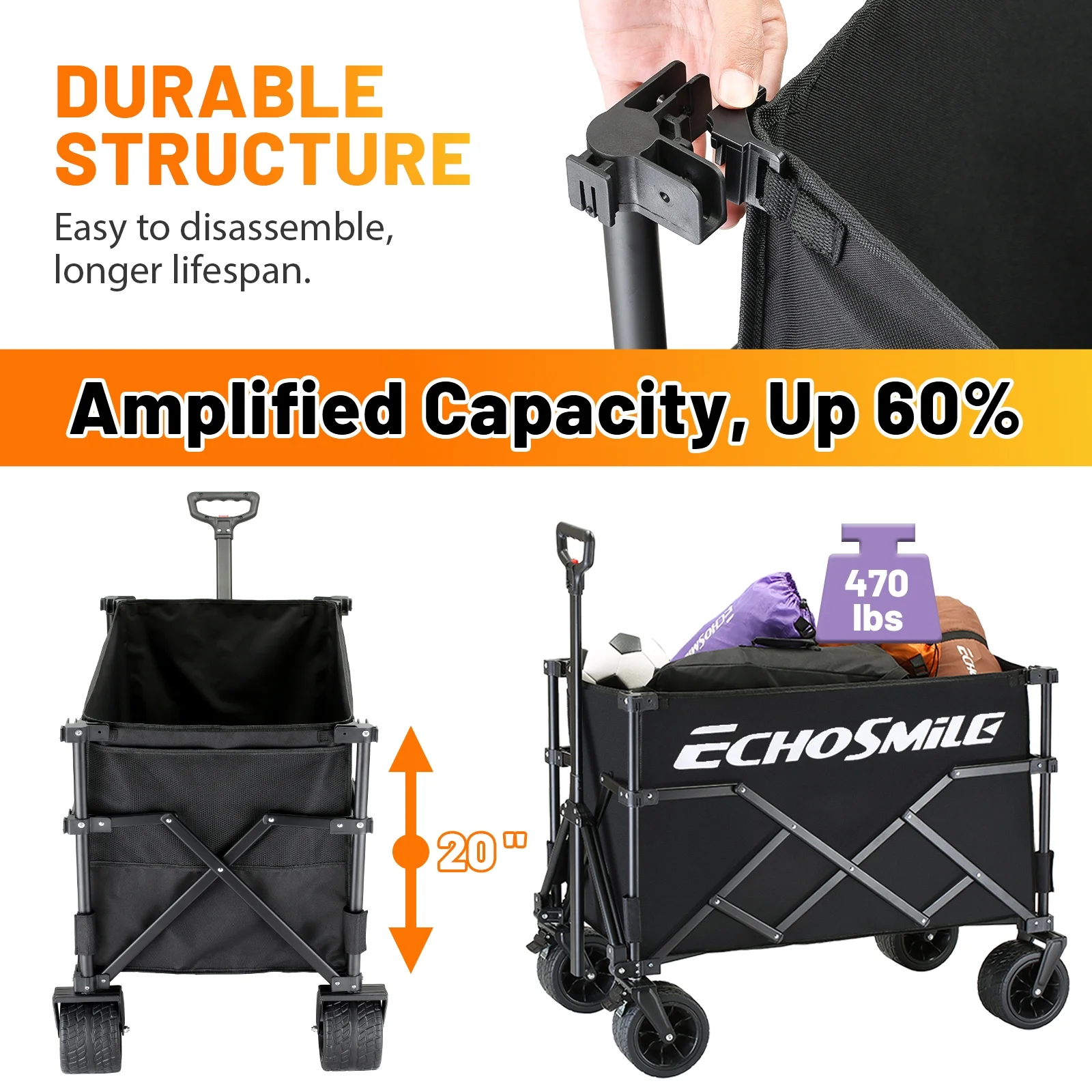 EchoSmile 6.85 cu. ft. Fabric Portable Garden Cart with Adjustable Rolling Wheels in Black