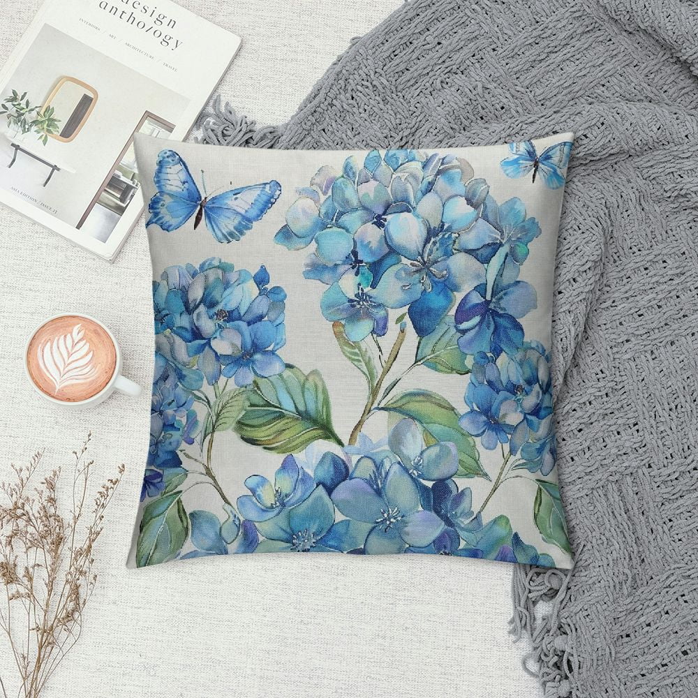 Nawypu Farm Outdoor Pillow Covers Set of Blue Hydrangea Flower Butterfly Decorative Waterproof Throw Pillow Case Watercolor Floral Vintage  Soft Cozy Cushion Pillowcases
