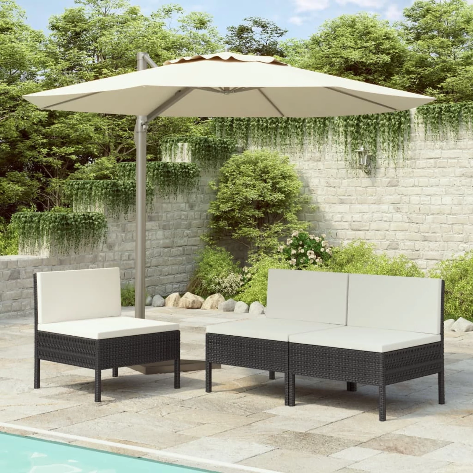 Dcenta 3 Piece Garden Chairs with Cushions Poly Rattan Black for  Indoor Patio Pool Backyard