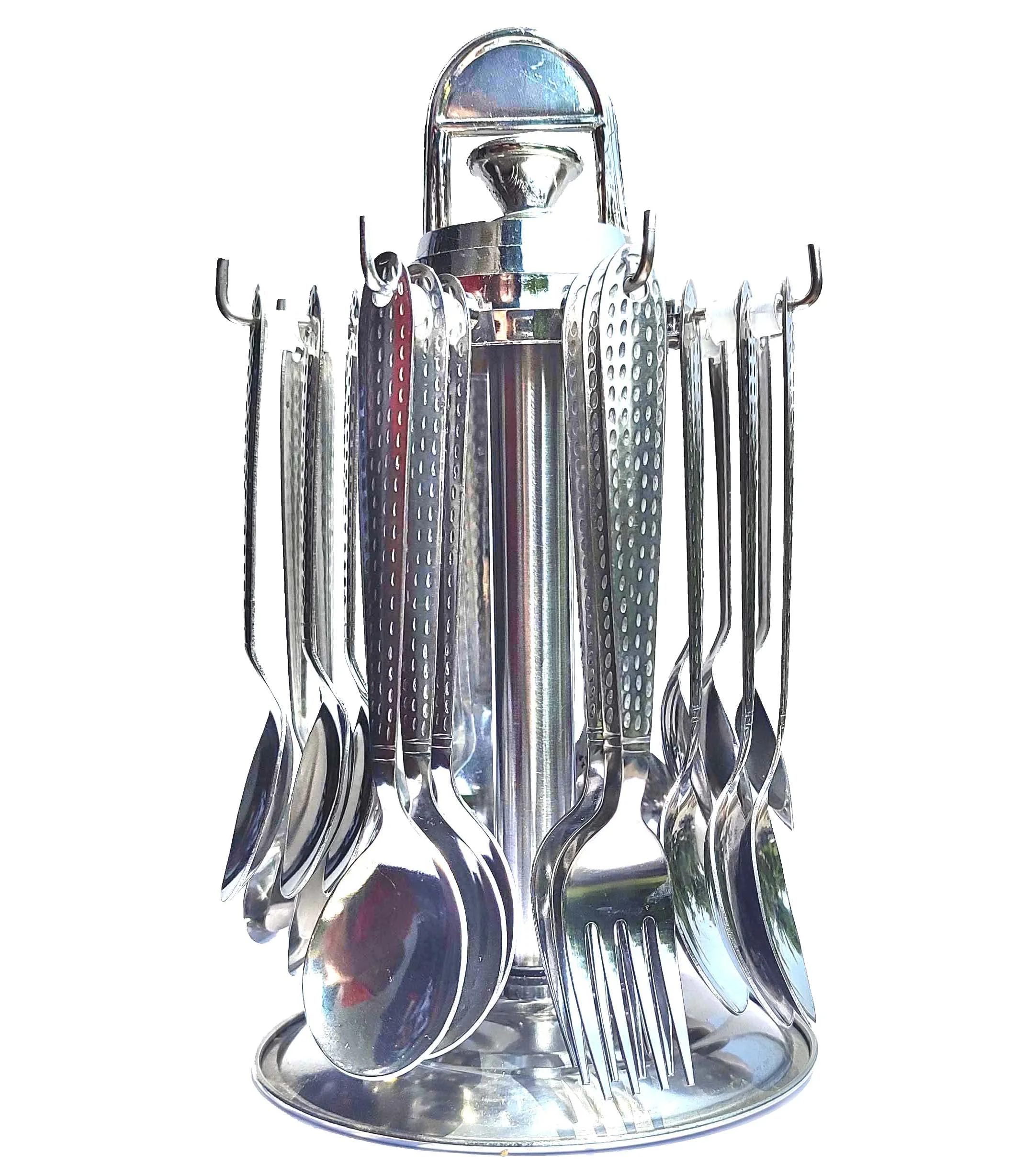 Ver-It Stainless Steel Cutlery Set For Kitchen - Round Shape Set Of 24 Pcs For Dining Table (Contains: 6 Spoons, 6 Forks, 6 Tea Spoons, 6 Soup Spoons, 1 Stand)