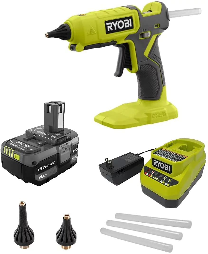 Ryobi Glue Gun Kit P307 ONE+ 18V Cordless Dual Temperature with 4.0 Ah Lithium-Ion Battery + Charger + Bonus Nozzles
