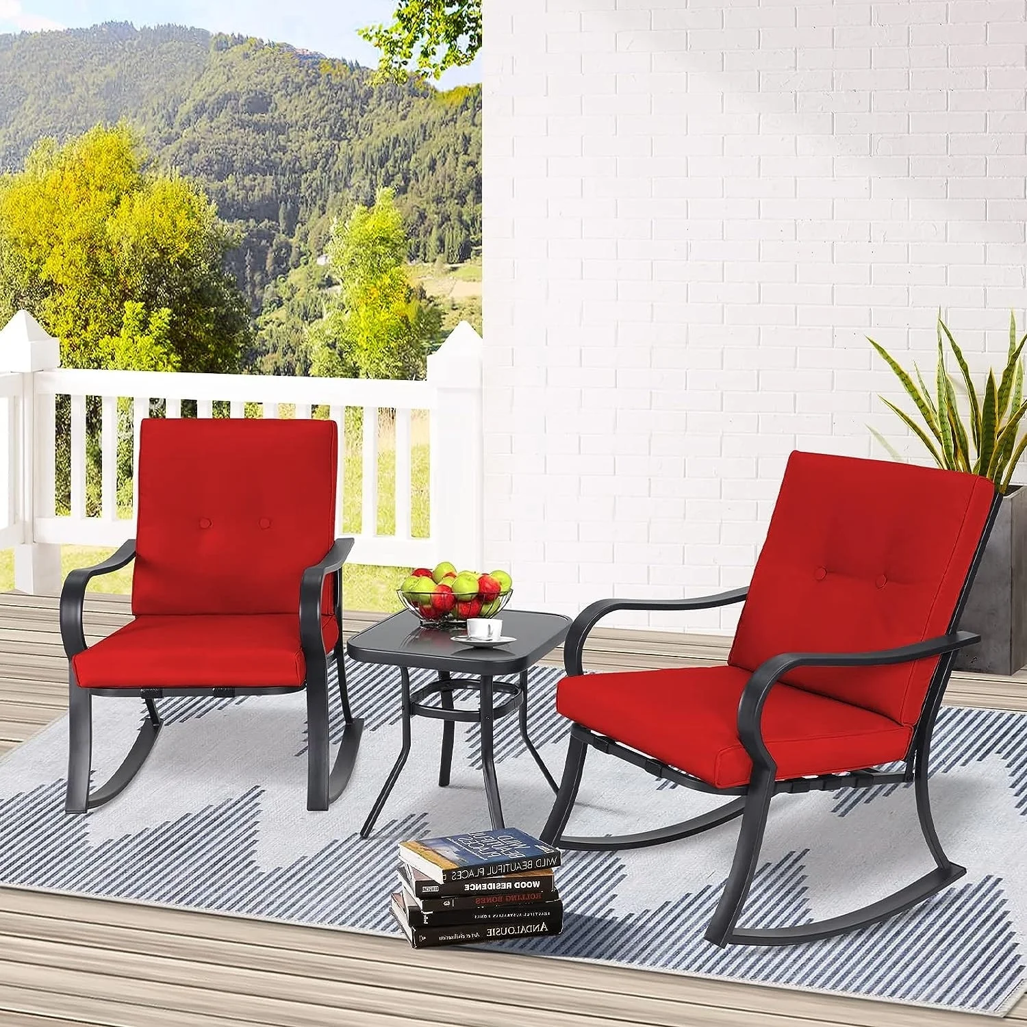 Patio 3 Piece Outdoor Rocking Chair Black Steel  Bistro Sets Red