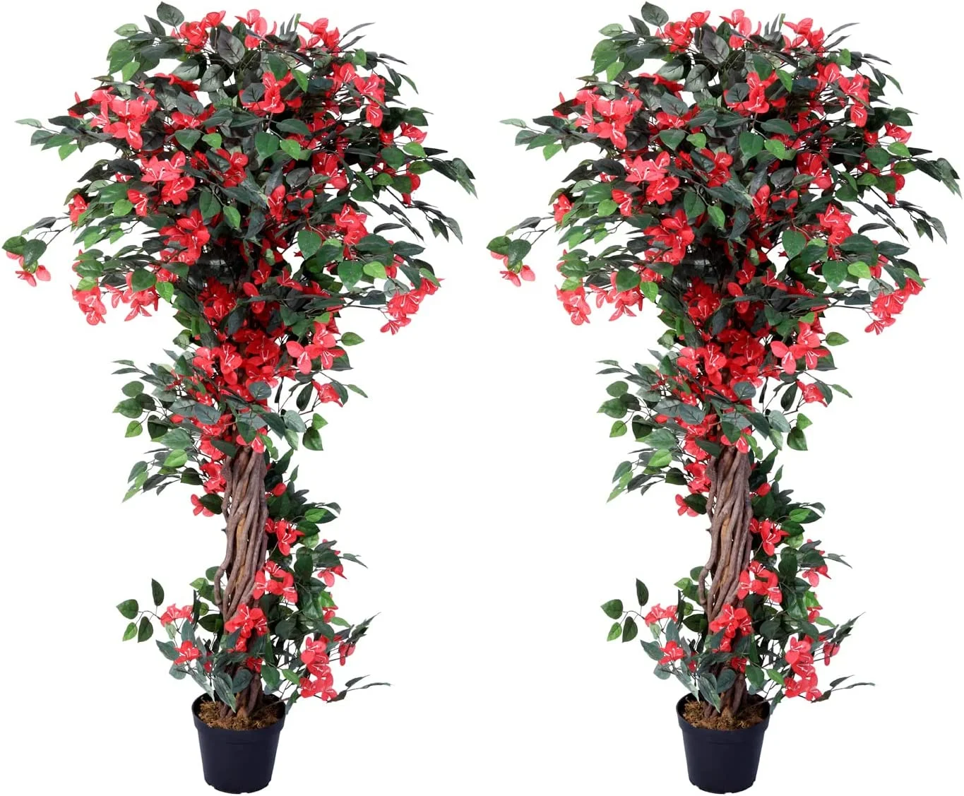 Pair HYUN Gorgeous 5 Feet Blooming Artificial Bougainvillea Tree with Flowers & Real Wood Trunks, with Nursery Pots, Feel Real Technology Red and Green
