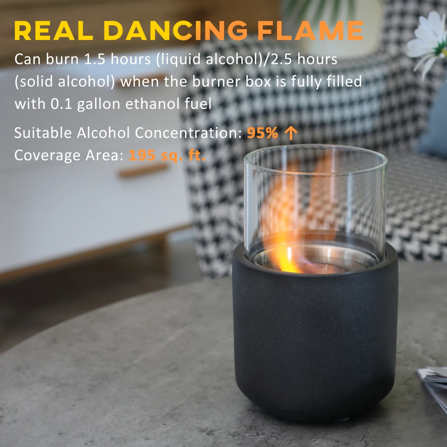 SQEWRED Tabletop Fireplace  Mini Concrete Ethanol Fire Bowl with Lid  Burns up with Liquid Alcohol and Solid Tablet Alcohol  Dark Grey