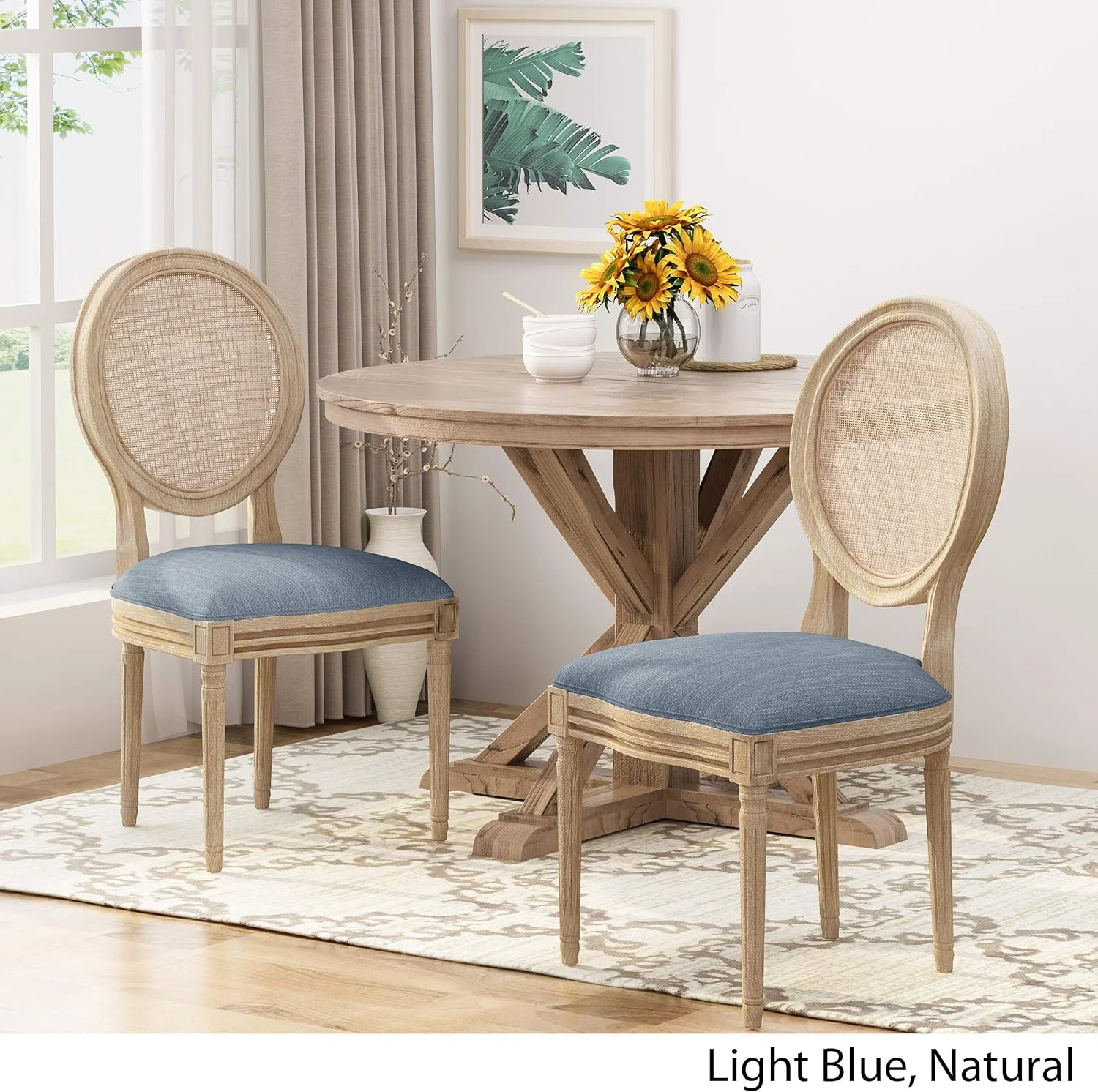 Camilo Wooden Dining Chair With Wicker And Fabric Seating (Set Of 2), Light Blue And Natural