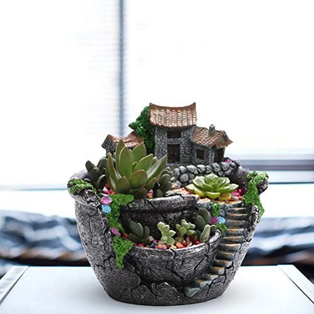 Creative Resin Plant Pot, Succulent Plant Pot with Sweet House, Mini Fairy Garden Micro Landscape Plant in Pot