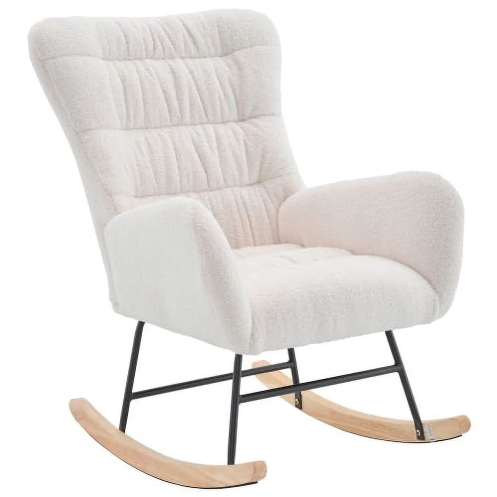 DremFaryoyo Nursery Rocking Chair  Teddy Upholstered Glider Rocker  Rocking Accent Chair with High Backrest  Comfy Rocking Accent Armchair for Living Room  Bedroom  Offices  WHITE