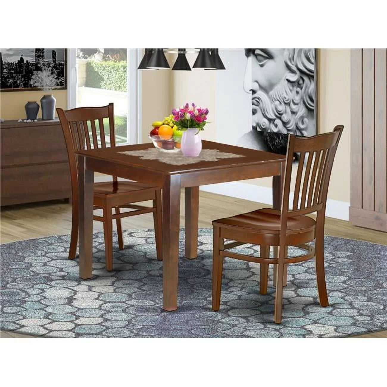 36 in. Oxford Square Table & 2 Wood Seat Chairs - Mahogany, 3 Piece